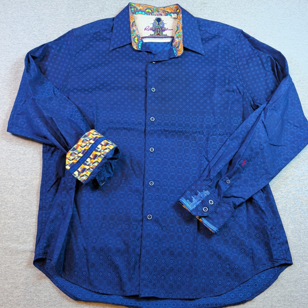 Robert Graham Shirt Mens XL Blue Jacquard Embroidered Flip Cuff Cotton Button Up
